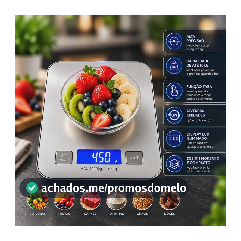 Balança Digital de Cozinha Hardline Cook, 10 Kg, com Função Tara e Display LCD