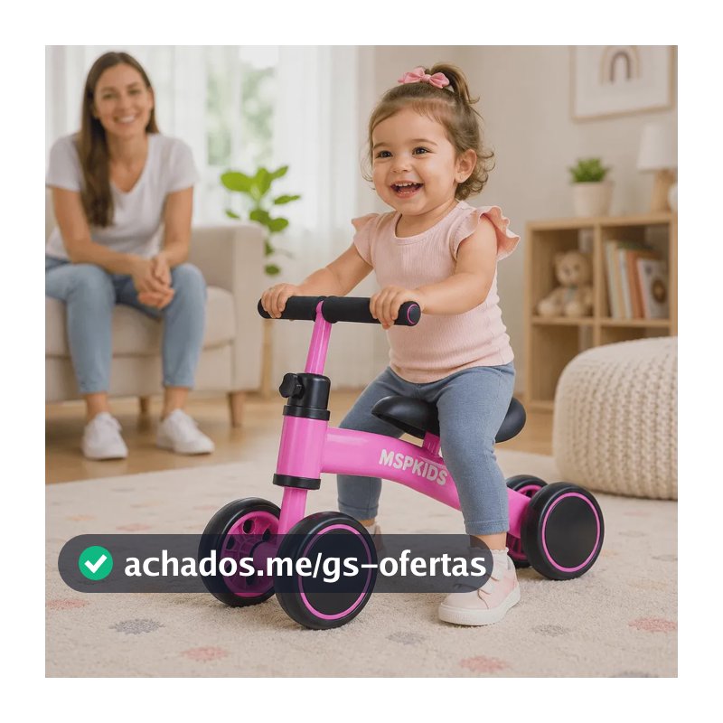 Bicicleta de Equilíbrio Infantil Rosa 4 Rodas Sem Pedal Bebê MSP Kids, Primeira Bike para Criança a Partir de 1 Ano, Assento Ergonômico, Guidão Ajustável até 140°, Pneus em EVA e Aço Carbono