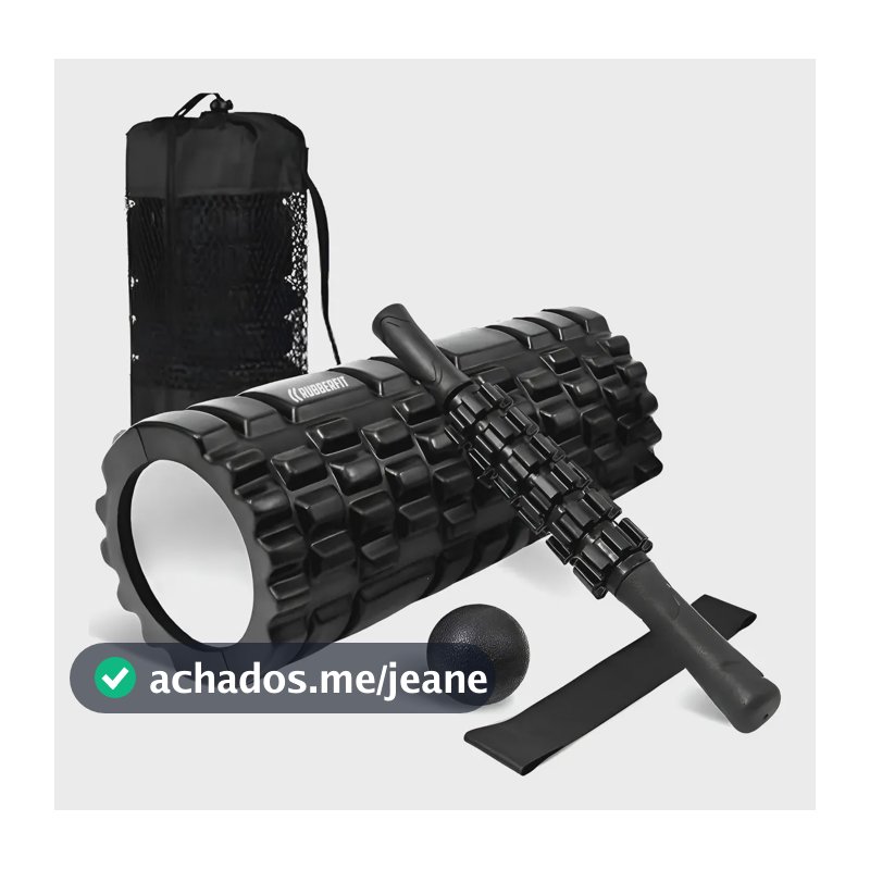 Rolo de Massagem Foam Roller Liberação Miofascial Soltura Yoga Preto Kit 4 em 1 Rubber Fit