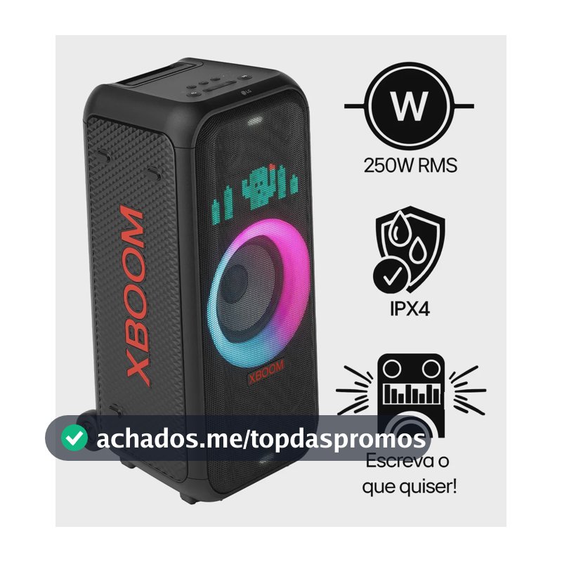 Caixa de Som LG XBOOM XL7T Bluetooth 5.1, 250W, Som Potente, LED Personalizável, Party Mode, Resistente à Água IPX4, Bateria Longa Duração e Design Compacto