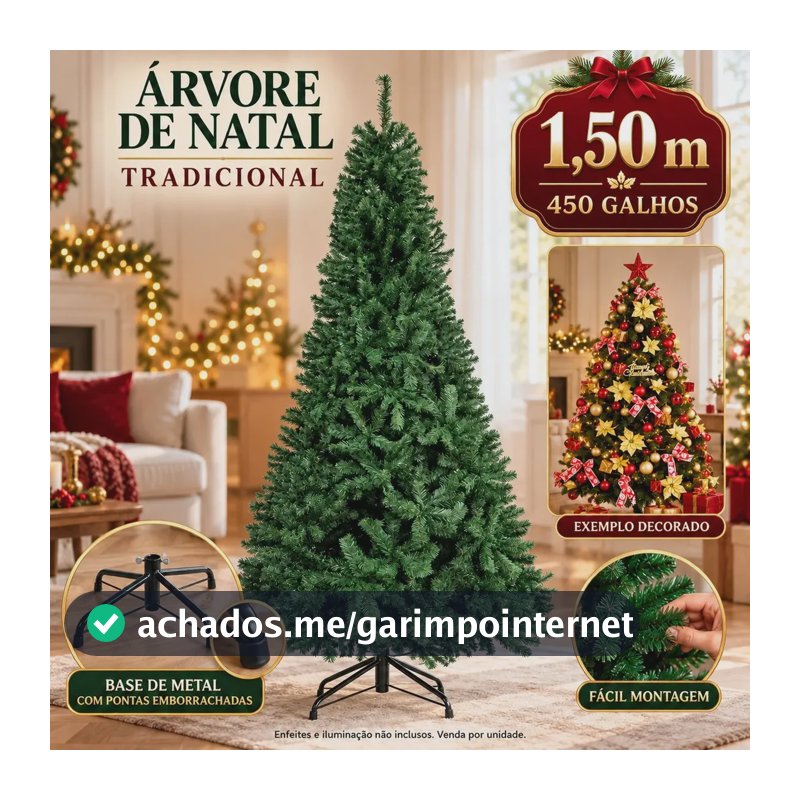 Árvore De Natal Pinheiro Canadense Luxo 1,50m 450 Galhos Tradicional Verde Imperial Premium Grande Cheia LuvinCo