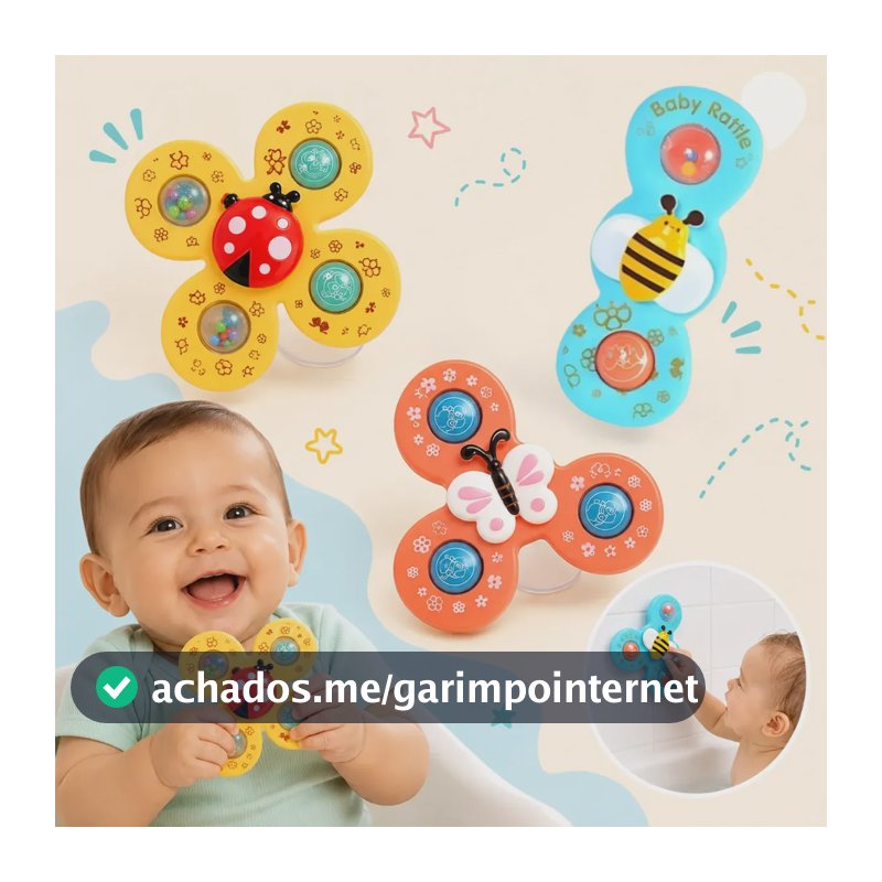 Kit 3 Spinner Brinquedo Bebê Gira C/ Ventosa Sensorial Banho Colorido