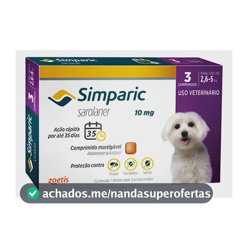 Simparic Antipulgas E Carrapatos 10mg 2,6 A 5kg - 3 Comp. Sem Cor