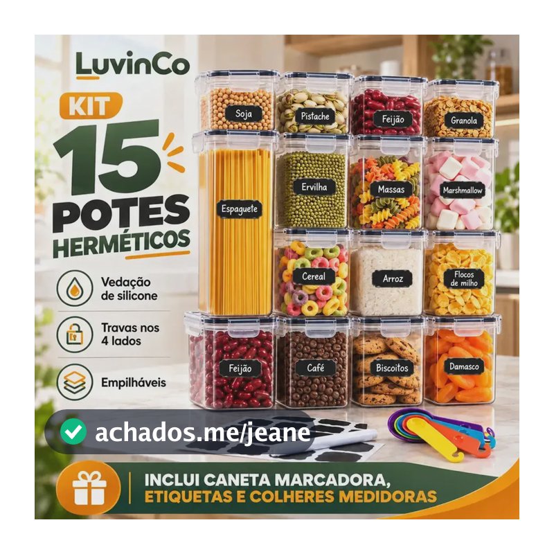 Kit 15 Potes Herméticos Mantimentos Quadrado Cozinha Tampa Trava Recipientes De Organização luvinco
