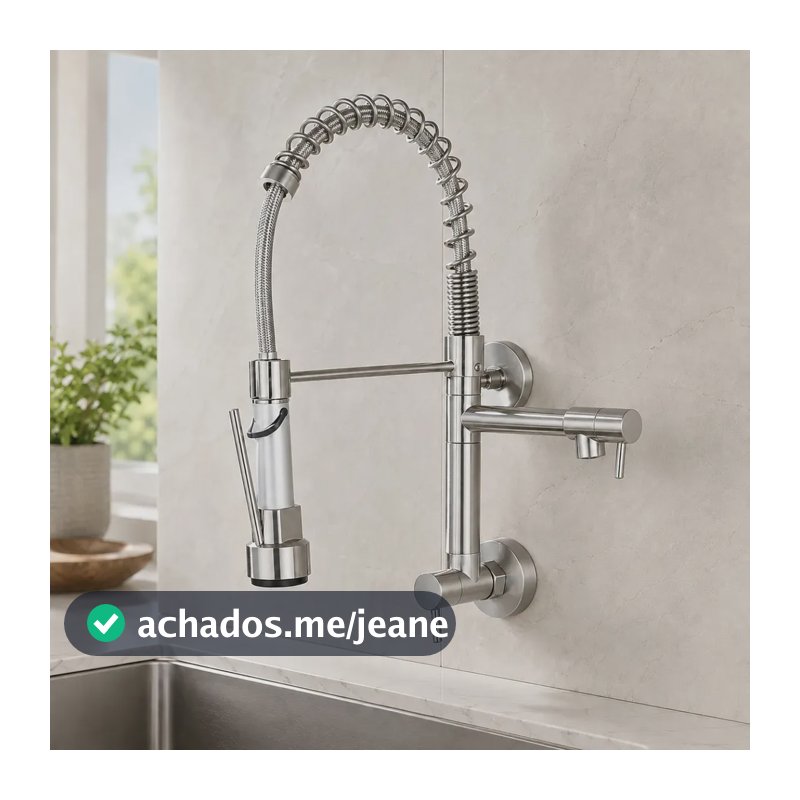 Torneira Gourmet De Parede Para Cozinha YESOP Aco Inox 304 Agua Fria Dupla Saida Com Ducha Flexivel Bico Giratorio Valvula Ceramica Alavanca Unica Acabamento Escovado 42cm
