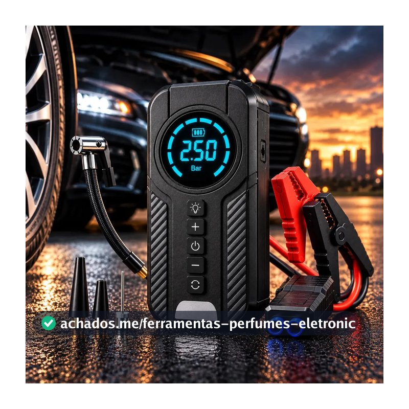 Auxiliar De Partida Bateria Carro Compressor De Ar Portátil 12V 4 funções em 1 Inflador Digital Calibrador Pneu Power Bank Lanterna LED Emergência Automotiva Moto SUV Bicicleta Caminhonete MidiaFone