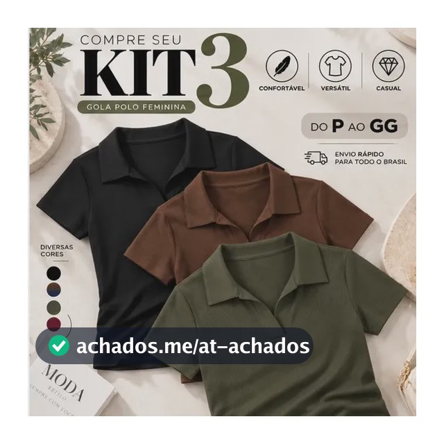 Kit 3 Blusa Feminina Gola Polo Canelada Básica Casual Lisa Preto, Marrom E Verde Liso P/m (36/42)