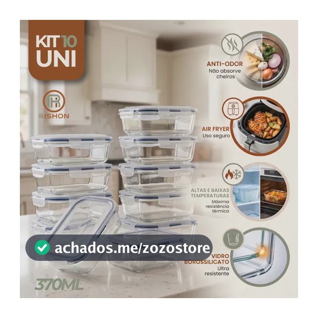 Kit 10 Pote De Vidro Marmita Hermético 370ml Freezer Fitness Rishon