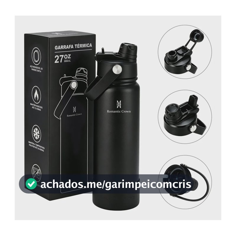 Garrafa Térmica 800ml Inox Bico Duplo Canudo Alça Esporte Preto