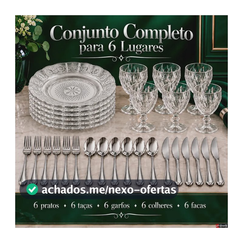 Aparelho de Jantar Sforte 30 Peças com Pratos e Taças de Vidro e Talheres em Inox
