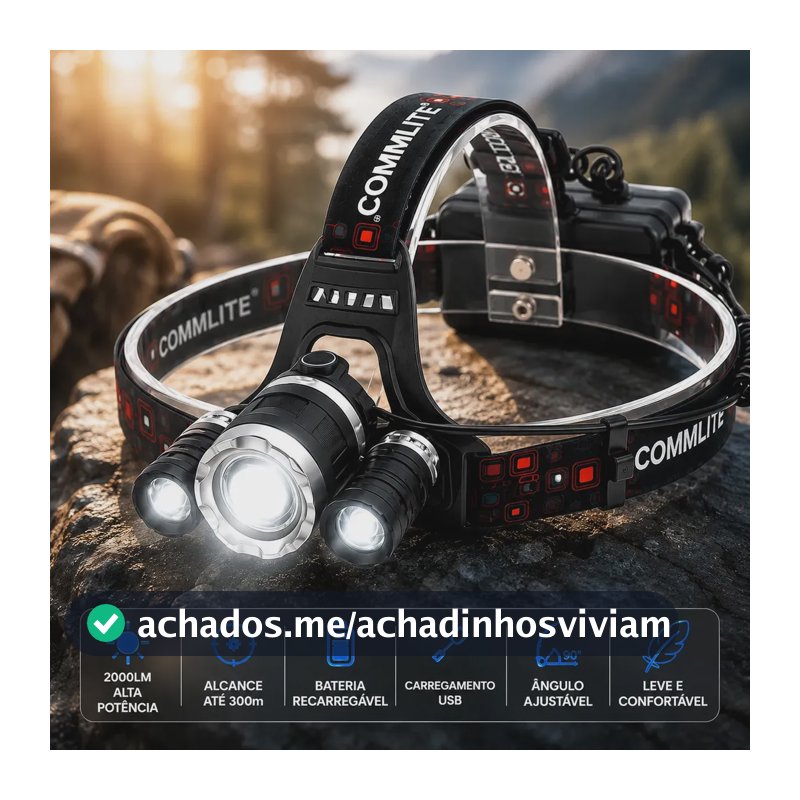 Lanterna de Cabeça Recarregável LED 2000lm USB 300m Preto Lanterna Cabeça Recarregável Luz Branca Ajustável profissional Camping Trilha Corrida Trabalho Mãos Livres Bateria Recarregável Commlite