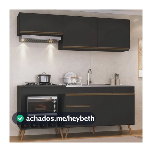 Armário Cozinha Modulada Compacta c/ Gabinete p/ Pia e Balcão p/ Cooktop Veneza Multimóveis MP3775 Preto/Dourado
