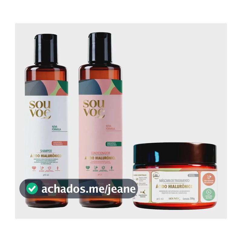 Kit Hidratação Sou Voe Ácido Hialurónico p/ Cabelos: Shampoo, Condicionador e Máscara