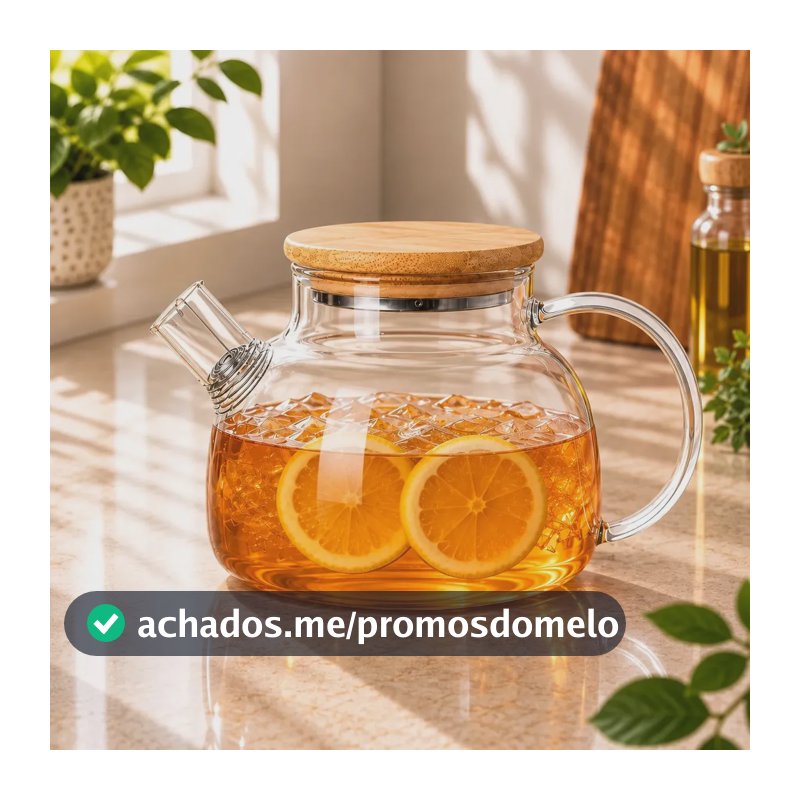 Chaleira De Vidro Tampa De Bambu Transparente com Filtro Infusor Inox para Chá Café Transparente Pacotinho Decor