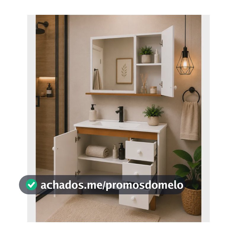 Gabinete Banheiro 80cm 3 Gavetas Com Cuba E Espelho Freijo Branca Um Furo