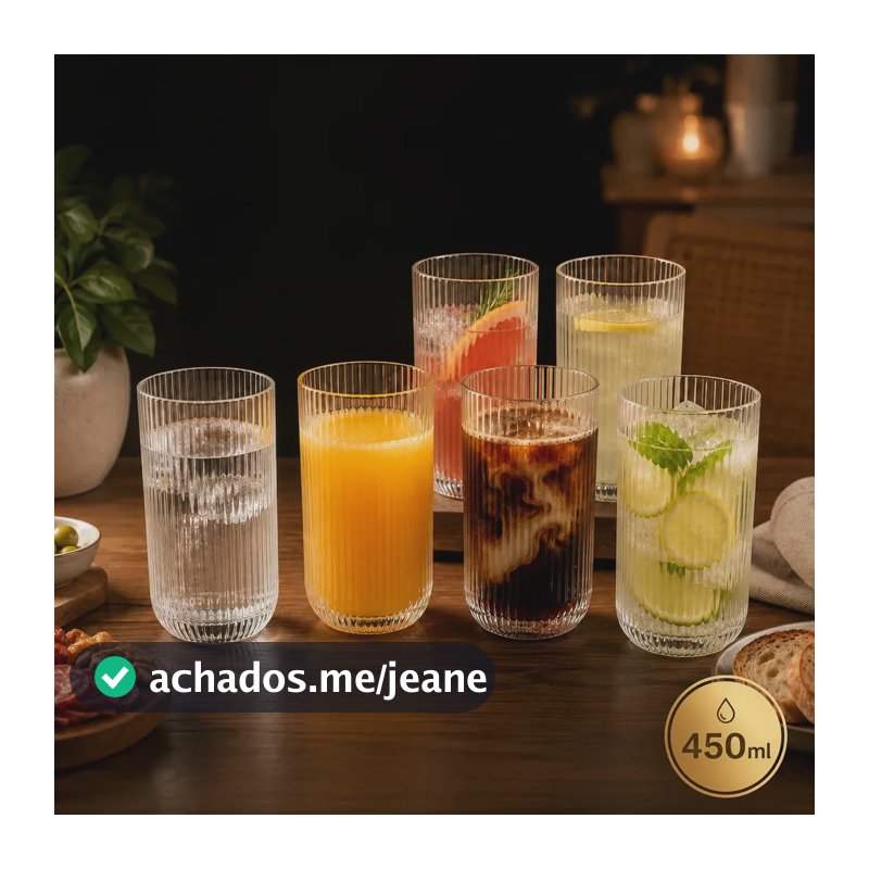 Jogo de Copos de Vidro Canelado 450 mL para Água e Sucos - Kit com 6 da Pratitudo Essencial