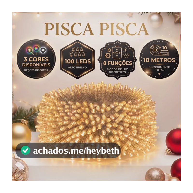 Cordão LED Pisca Pisca para Árvore de Natal Branco Quente 8m com 100 Luzes