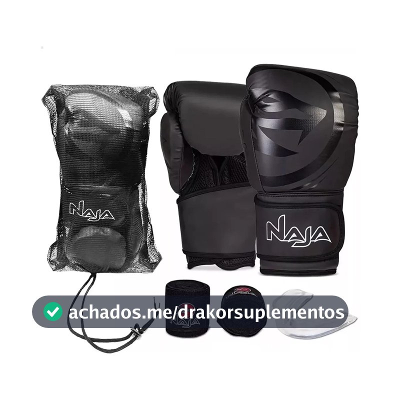 Kit Luva Boxe Muay Thai Naja Black Line + Bandagem + Bucal Cor Preto Tamanho 10oz