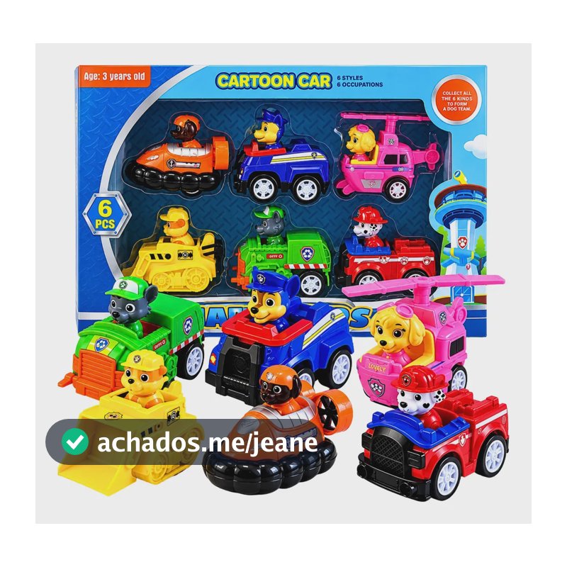 Kit 6 Carrinhos Fricção Patrulha Canina Brinquedo Infantil Coleção Personagens Completo Marshall Chase Rocky Skye Rubble Zuma