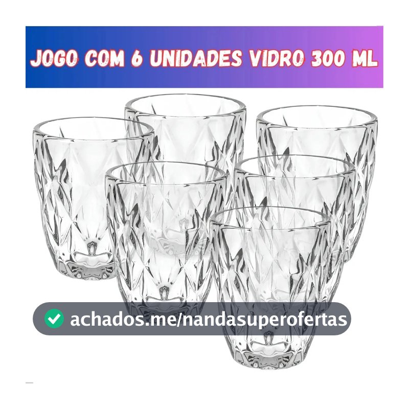 Jogo 6 Copos Vidro Diamante Grosso Resistente Agua 300ml Branco Ms Variedades