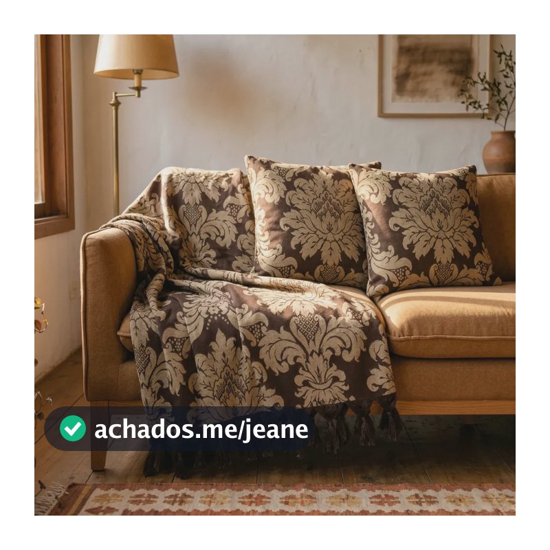 Manta Para Sofá Grande Farmhouse Medalhão Marrom + 4 Capas Marrom Medalhão Adamascado