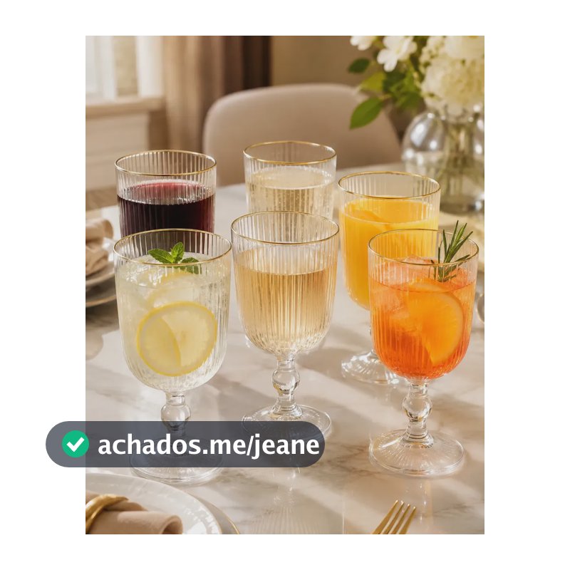 Conjunto 6 Taças De Vidro Caneladas Borda Dourada Versalhes 340ml Para Água Suco Drinks Coquetéis Mesa Posta Elegante Transparente