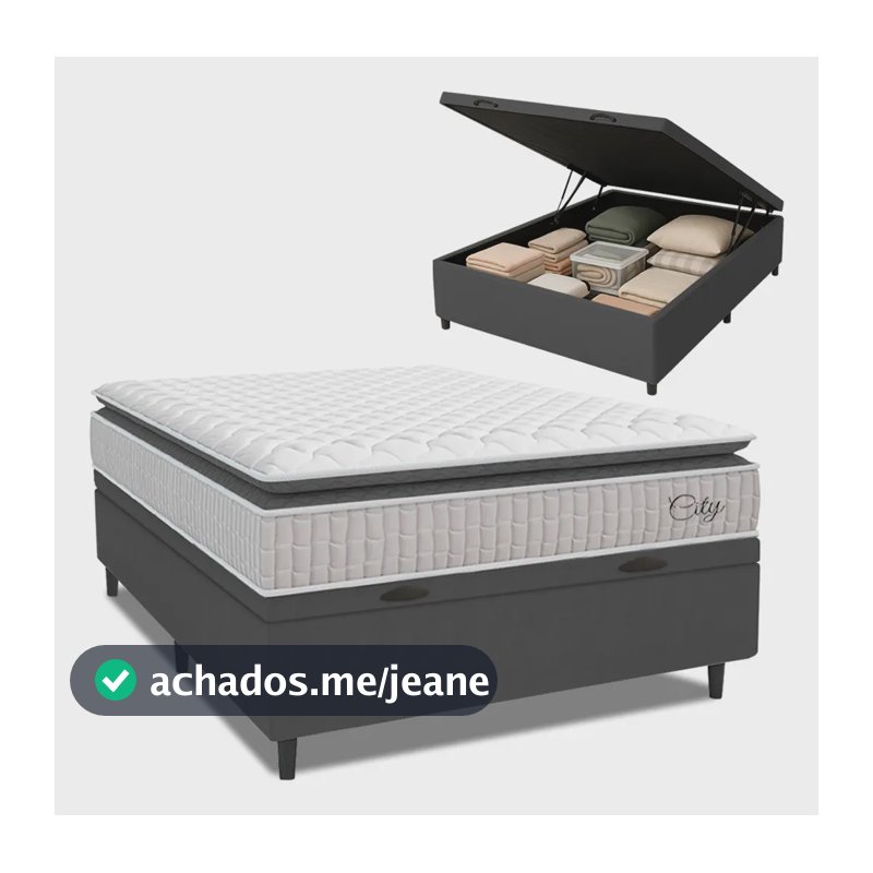 Cama Box Baú Colchão Casal Molas Ensacadas City Pillow Top 138x188x64cm Branco e Cinza Hellen Suporta até 110kg por Pessoa