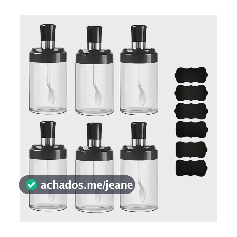 Kit 6 Potes 260ml Vidro Com Colher Temperos Condimentos Sal Açúcar Hermético Tampa Cozinha Organização Madock Variedades