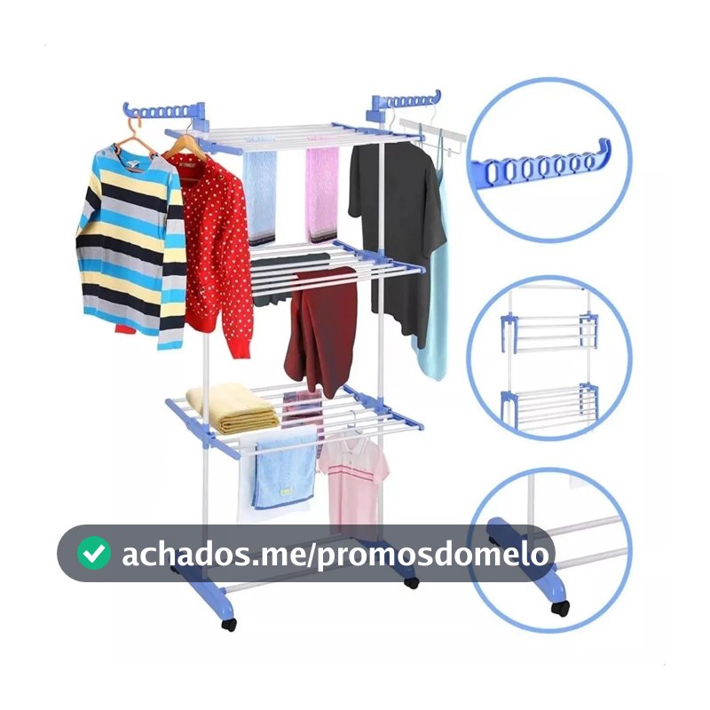 Varal De Chão Grande De Roupas 3 Andares Dobrável Cor Azul Kontuz 170 cm
