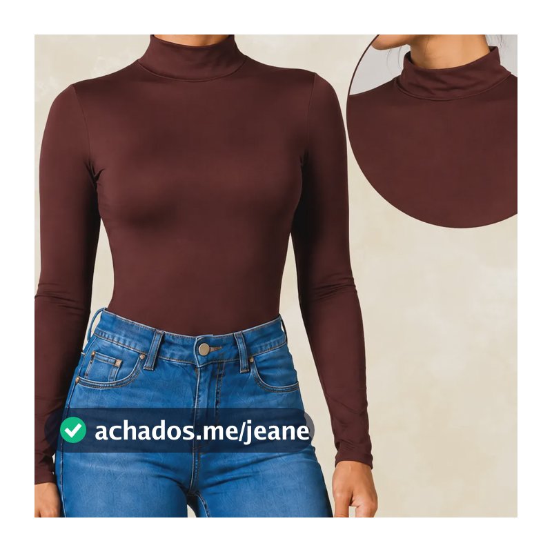 Body Feminino Gola Alta Suplex Liso Manga Longa Preto Marrom Marrom Liso Único