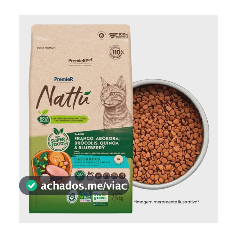 Ração Premier Nattu Gatos Adultos Castrados Abóbora 7,5kg