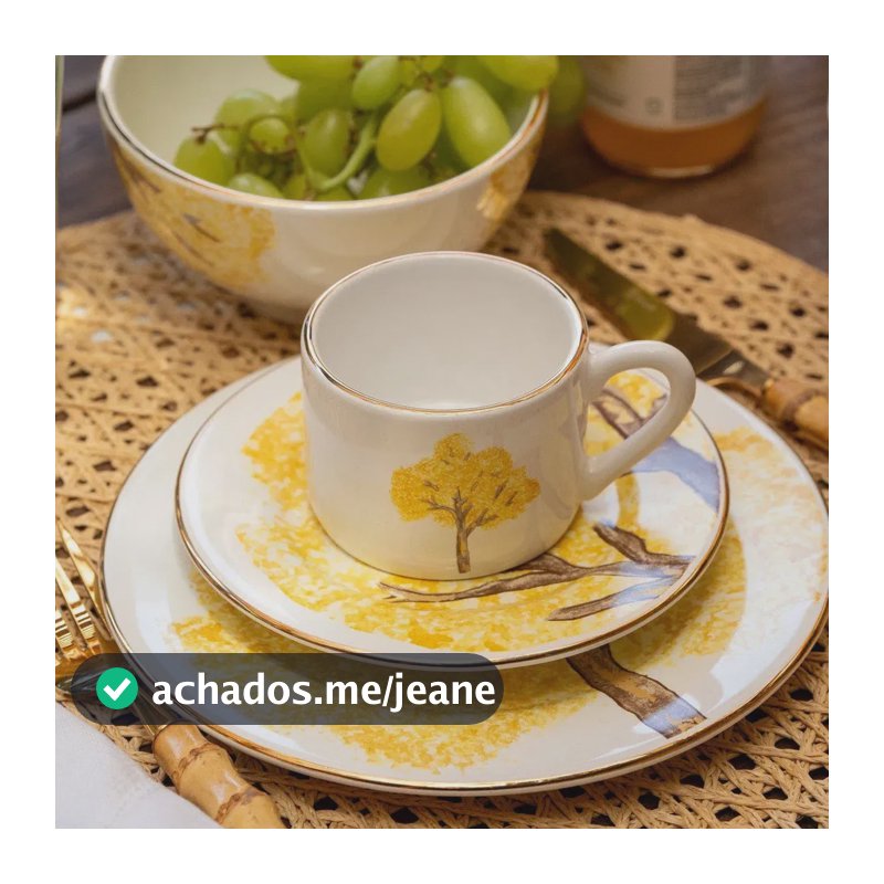 Jogo 6 Xícaras De Chá Com Pires Cerâmica Com Filete Ouro Ypê Amarelo