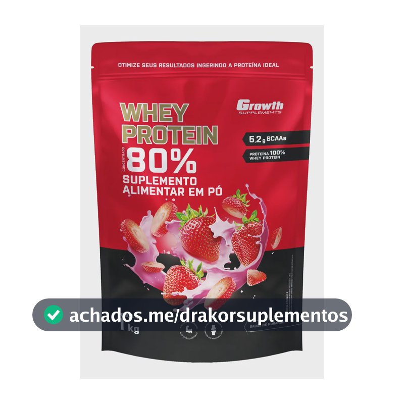 Suplemento em pó Growth Supplements Whey Protein Concentrado sabor Morango 1 kg