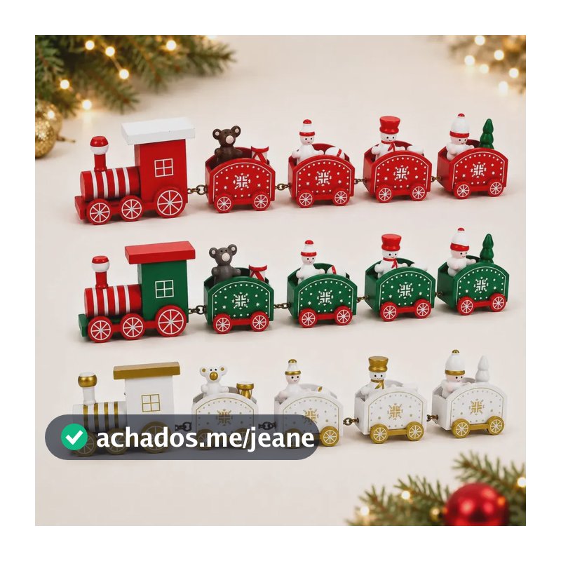 Trenzinho Enfeite de Natal de Madeira com 5 peças 1 Locomotiva + 4 Vagões Decoração Natalina Premium Encantadora Trem de Natal Vermelho - Petite Flô