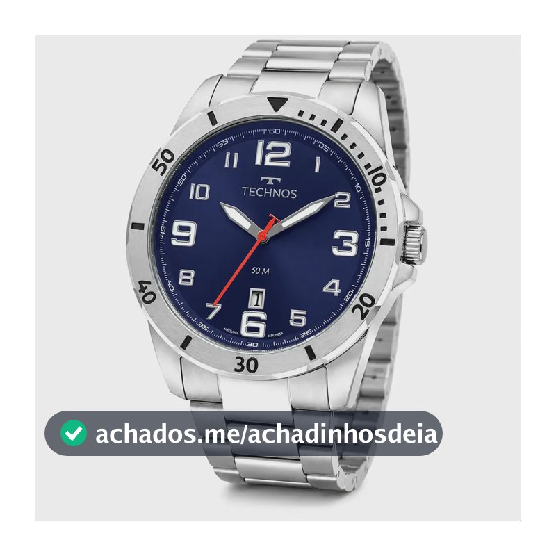 Relógio Technos Masculino 2115NAP/1A 45 Milímetros Casual em Aço Inoxidável Prova D´Agua 50 Metros com Calendário Fundo Azul