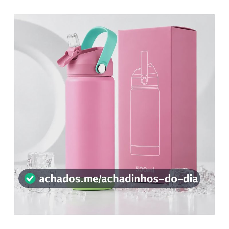 Garrafinha Térmica Infantil Kids Inox 500ml Alça Com Canudo Rosa