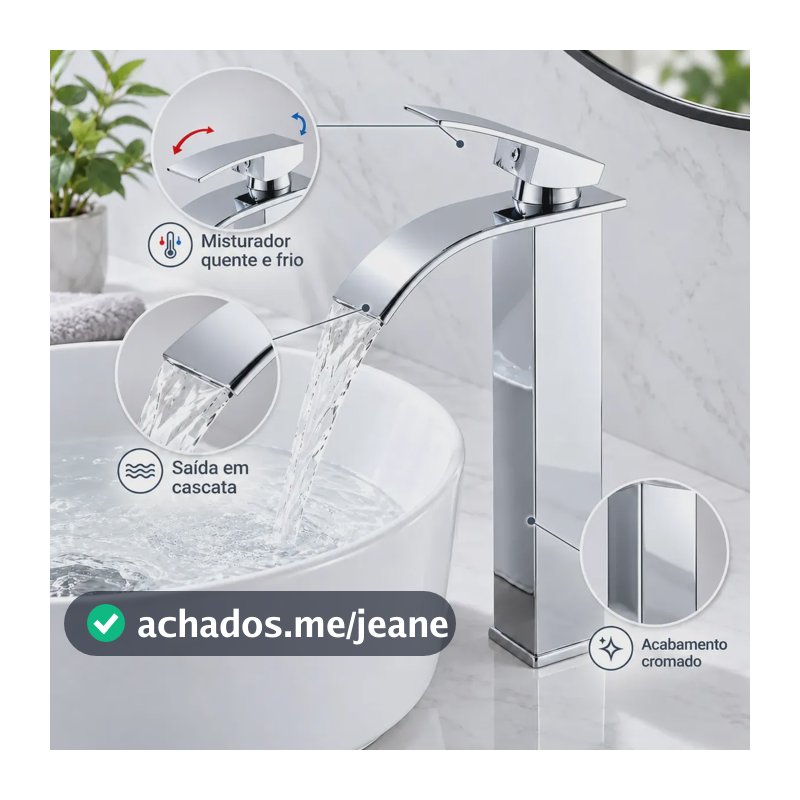 Torneira Monocomando para Cuba de Apoio Inox Cromada Bica Alta Cascata Água Quente e Fria