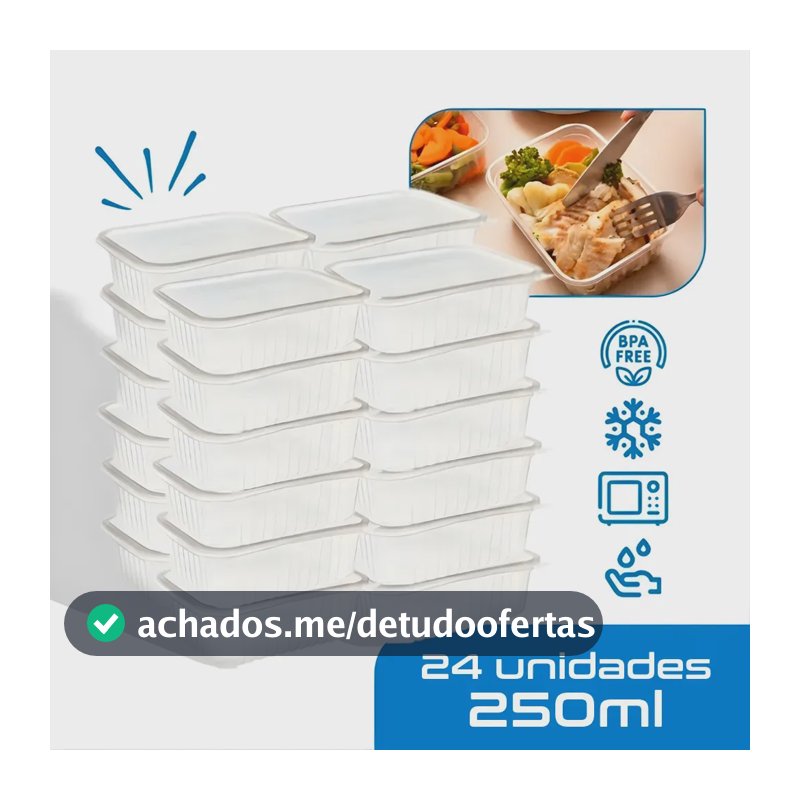 24 Marmitas 250ml Comida Fitness Pote Descartável Retangular Plástico Freezer Microondas Com Tampas - Montza