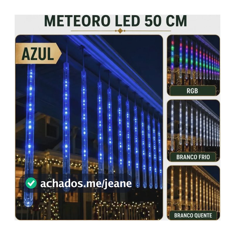 Cascata Meteoro 8 Tubos Bastão Efeito Chuva Decoração Natal Azul Bivolt