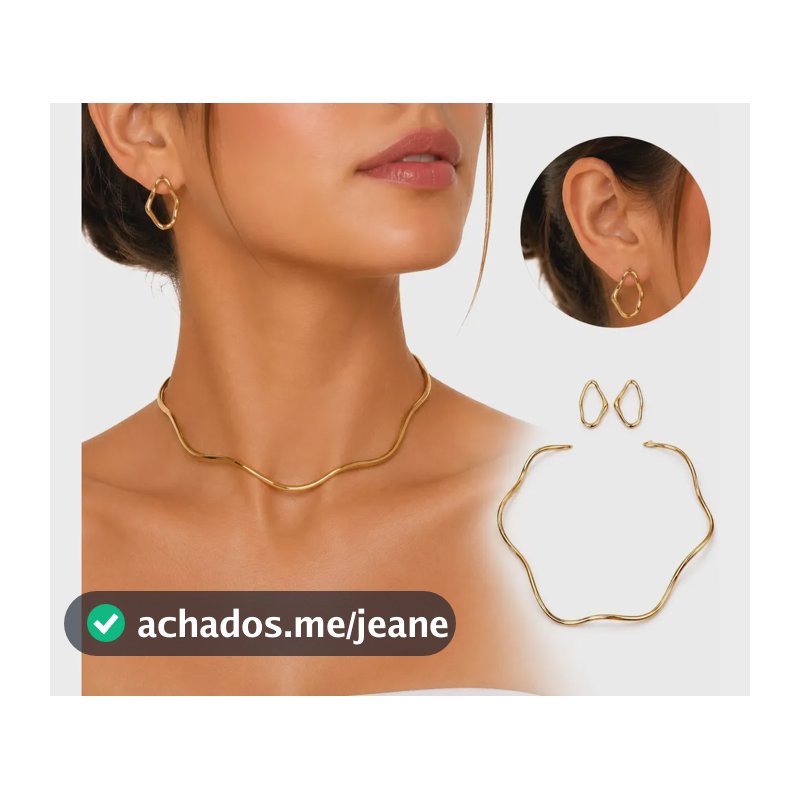 Kit De Colar Feminino Orgânico Choker Rígida Com Brincos Dourado