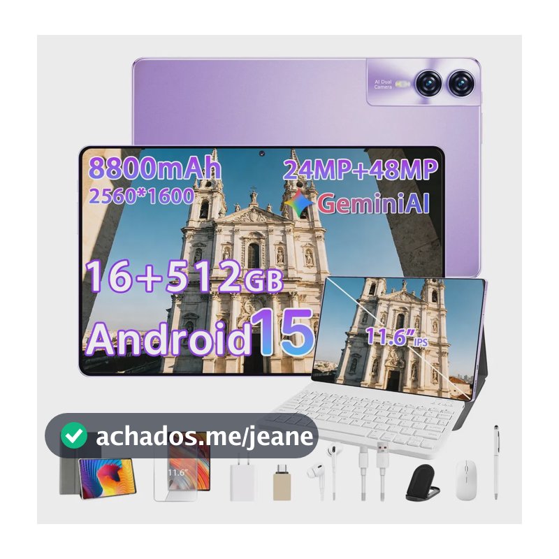 Tablet Hancdon Android 15 Kit Completo 16GB Ram 512GB Rom 11.6'' Hd Tela Apoia Wifi 6 5g Dual Sim Bateria 8800mAh Com Caneta teclado E Mouse Profissional Estudo Trabalho Jogos 2 Em 1 Tablet Pc Violeta