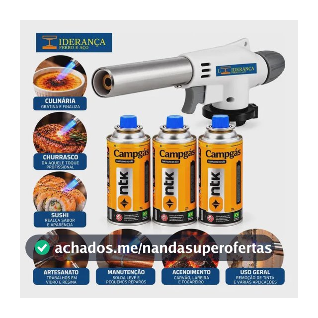 Maçarico Profissional Universal Multiuso Gourmet Portátil Com Regulagem De Chamas Kit Completo Com 3 Refil Para Chef De Cozinha Confeiteiro Flambar Solda Marca - Liderança Ferro E Aço