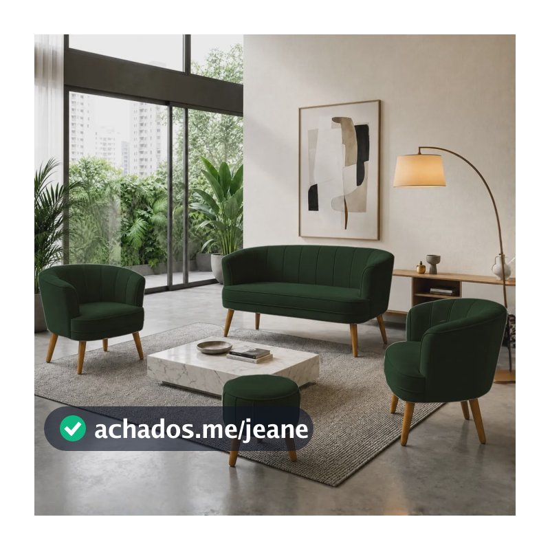 Kit 2 Poltronas Namoradeira Puff Em Veludo Com Pés Palito Verde-musgo