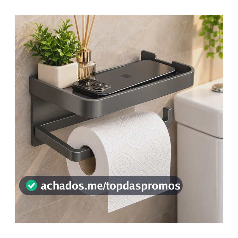 Suporte Porta Papel Higiênico Adesivo Parede Banheiro Com Prateleira Porta Celular Sem Furo Organizador 2 em 1 Cinza