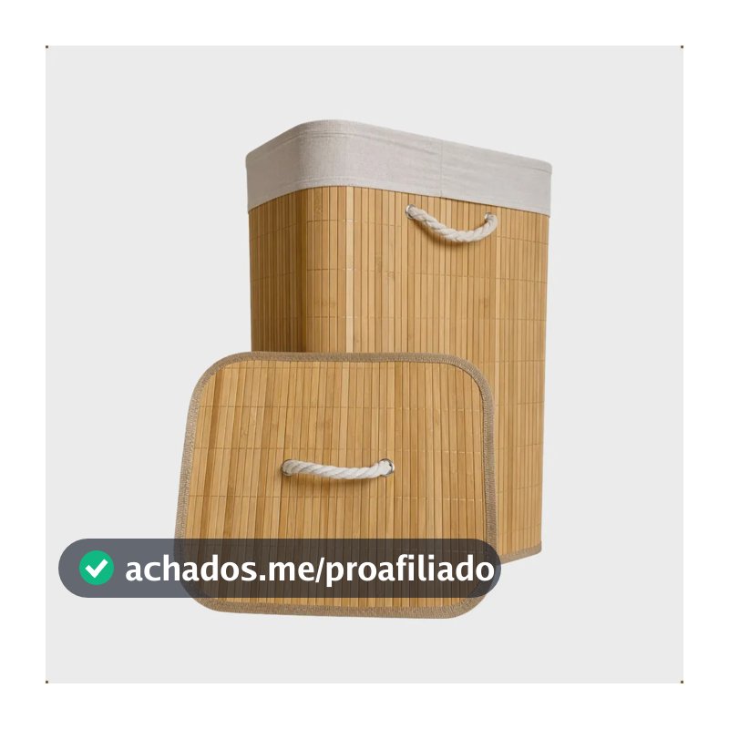 Cesto de Roupa Bambu Retangular de 72L com Tampa e Forro de Linho
