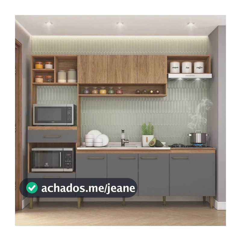 Armário de Cozinha Completa Modulada com Armário e Balcão 5 Peças 240cm CC120 Cor Mel/Grafite - Fellicci Móveis