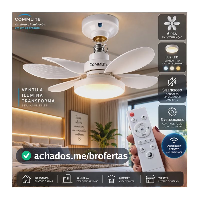 Ventilador de Teto 60W Silencioso Lâmpada Forte com LED, Controle e 6 Pás Soquete E27 Para Residencial Comercial Interno Externo Quarto Sala Cozinha Escritório Gourmet Apartamento Casa - Commlite