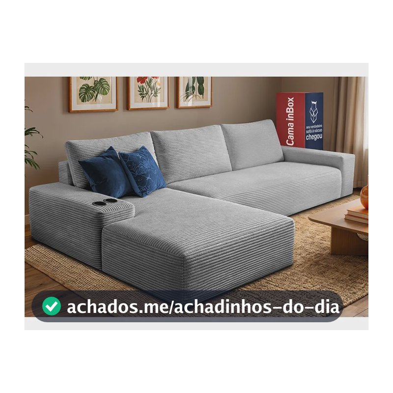Sofá Evo. 2,70m Molas Ensacadas Com Chaise Esq. Cama Inbox Prateado Liso