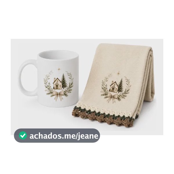 Kit Presente Natal Caneca Porcelana Pano De Prato Crochê Cru Presente De Natal