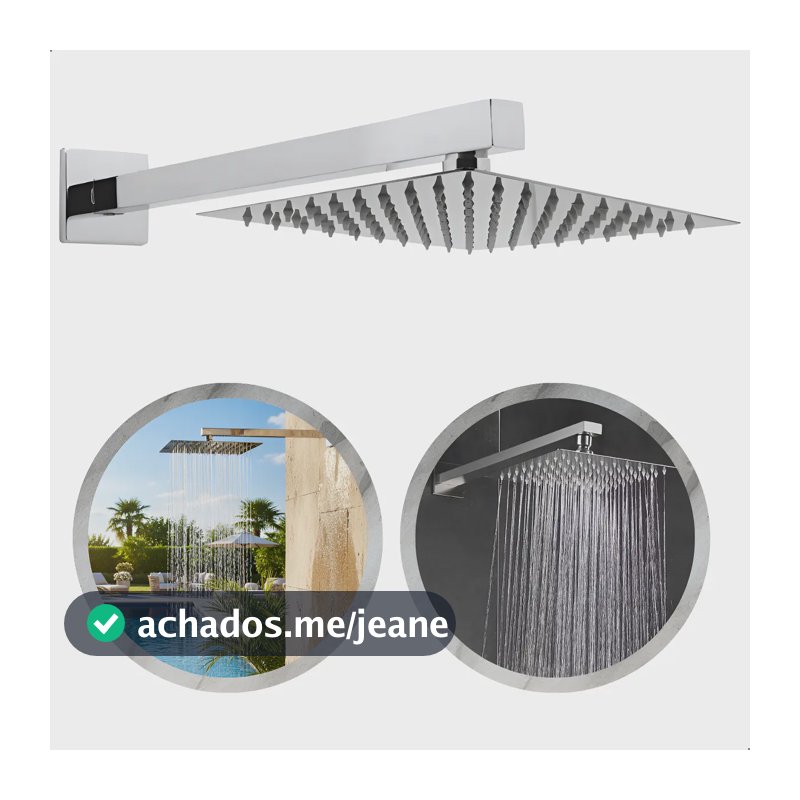 Ducha Chuveiro fria 30x30 Piscina Área Externa Interna e Banheiros 100% Metal Aço Inoxidável Braço de 40cm - SOFTINOX